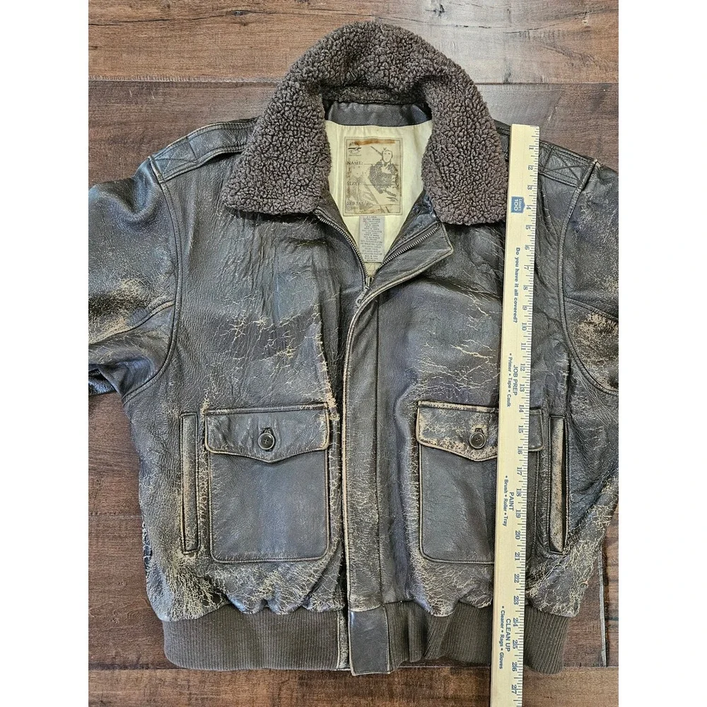 VTG Distressed Arizona Military XL Leather Bomber Flight Jacket Brown Sherpa